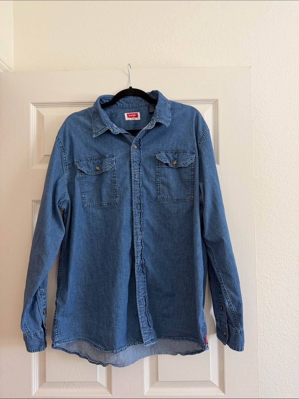 Men's Blue Wrangler Denim Button-Up Shirt